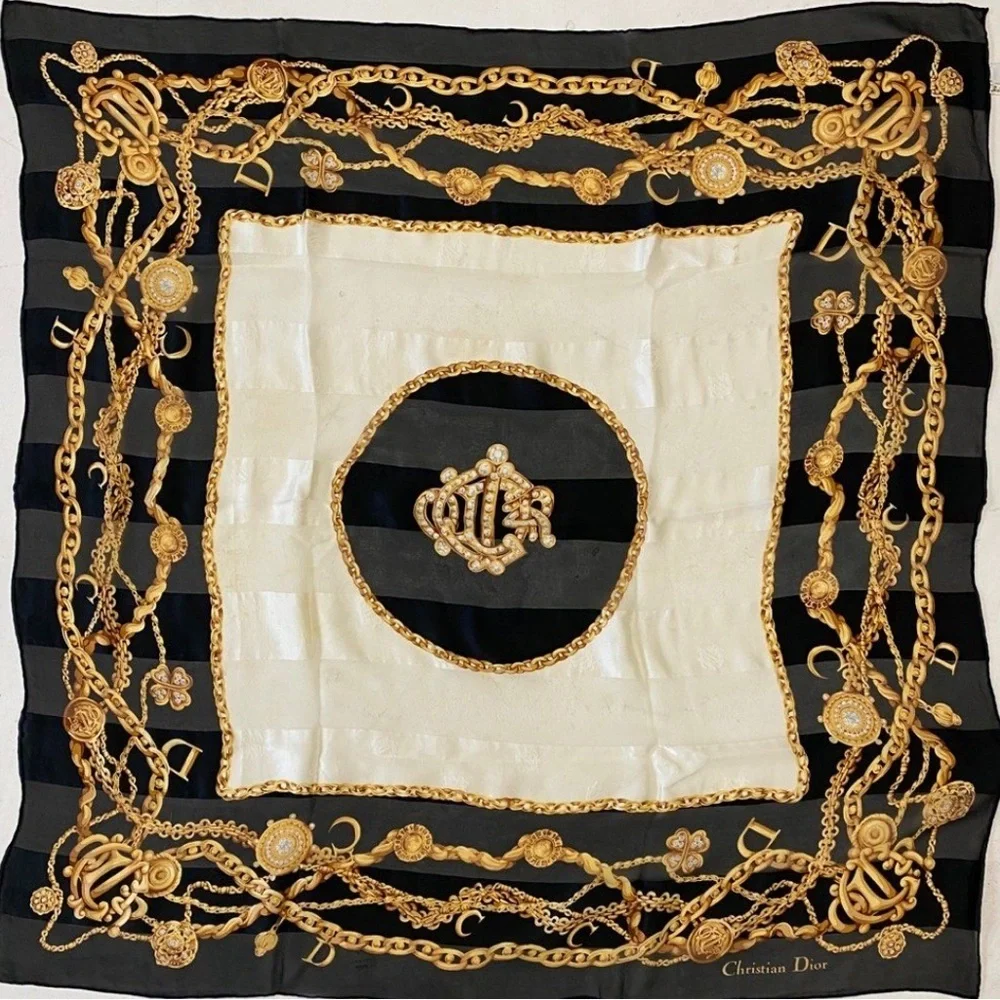 Christian Dior Navy and Gold Silk Scarf